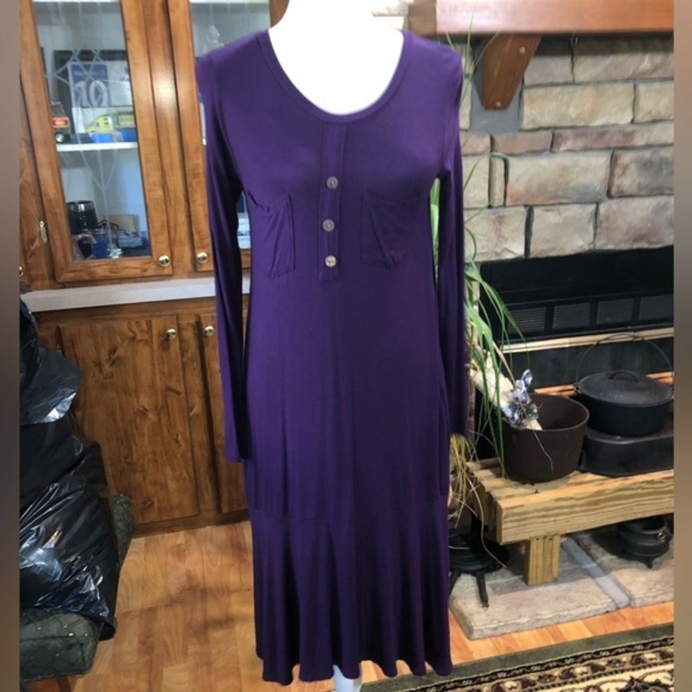 REBORN J SIZE SMALL PURPLE LING SLEEVE RAYON/SPANDEX DRESS POCKETS ON FRONT